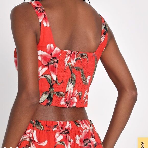 Lulus Sunsets in Paradise Red Tropical Print Two-Piece Jumpsuit M NWT in packag - Picture 4 of 8